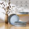 E-far Pasta Bowls Set of 4, 35oz Large Salad Bowl Plate for Dinner Serving, Wide & Shallow Ceramic Stoneware Pasta Plates, Microwave & Dishwasher Safe, Reactive Glaze Textured Stripes, Dark Blue(Dusty Blue)