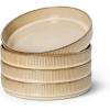 E-far Pasta Bowls Set of 4, 35oz Large Salad Bowl Plate for Dinner Serving Soup, Wide & Shallow Ceramic Stoneware Pasta Plates, Microwave & Dishwasher Safe, Reactive Glaze Texture-Stripe, Matte Black(Caramel Khaki)