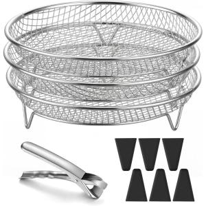 E-far Air Fryer Rack, 7.9” Round Air Fryer Basket Accessories for Oven, 3-Tier Stackable Stainless Steel Dehydrator Rack Set for Frying Roasting, With Silicon Feet & Anti-scald Clip, Dishwasher Safe(7.9 inch Round Rack)