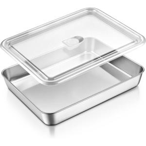 E-far Lasagna Pan, Stainless Steel Rectangular Baking Pan, 12⅓x9¾x2 Inch Sheet Cake Pan Metal Bakeware Oven Tray for Brownie Casserole, No-Toxic & Heavy Duty, Rust-Resistance & Dishwasher Safe(12.2×9.5 with lid)