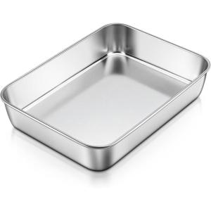 E-far Lasagna Pan with Lid, Stainless Steel Rectangular Cake Baking Pan with Cover, 12⅓x9¾x2 Inch Metal Bakeware Brownie Casserole Oven Tray Sheet, Deep Side & Heavy Duty, Anti-Rust & Dishwasher Safe(9.1×6.7)