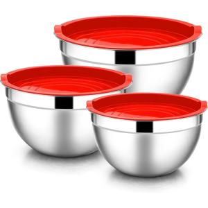 E-far Mixing Bowls With Lids Sets of 5, 10-Piece Stainless Steel Salad Metal Nesting Bowl for Baking Cooking and Prepping, Airtight Lid & Stackable Design, Size 4.6, 3, 2.1, 1.5, 0.7 QT, Blue(Red)
