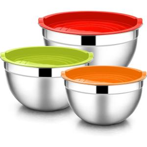 E-far Mixing Bowls With Lids Sets of 5, 10-Piece Stainless Steel Salad Metal Nesting Bowl for Baking Cooking and Prepping, Airtight Lid & Stackable Design, Size 4.6, 3, 2.1, 1.5, 0.7 QT, Khaki(Multicolor)