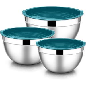 E-far Mixing Bowls With Lids Sets of 5, 10-Piece Stainless Steel Salad Metal Nesting Bowl for Baking Cooking and Prepping, Airtight Lid & Stackable Design, Size 4.6, 3, 2.1, 1.5, 0.7 QT, Blue(Dark Blue)