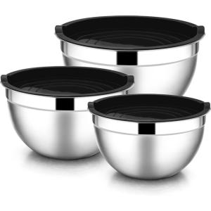 E-far Mixing Bowls With Lids Sets of 5, 10-Piece Stainless Steel Salad Metal Nesting Bowl for Baking Cooking and Prepping, Airtight Lid & Stackable Design, Size 4.6, 3, 2.1, 1.5, 0.7 QT, Khaki(Black)