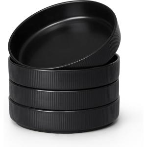 E-far Pasta Bowls Set of 4, 35oz Large Salad Bowl Plate for Dinner Serving Soup, Wide & Shallow Ceramic Stoneware Pasta Plates, Microwave & Dishwasher Safe, Reactive Glaze Texture-Stripe, Matte Black(Matte Black)