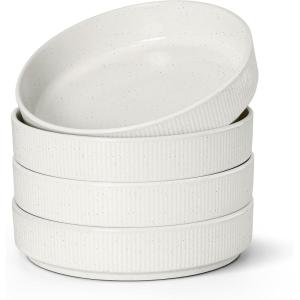 E-far Pasta Bowls Set of 4, 35oz Large Salad Bowl Plate for Dinner Serving, Wide & Shallow Ceramic Stoneware Pasta Plates, Microwave & Dishwasher Safe, Reactive Glaze Textured Stripes, Dark Blue(Speckled White)