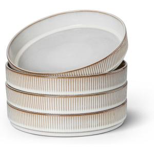 E-far Pasta Bowls Set of 4, 35oz Large Salad Bowl Plate for Dinner Serving, Wide & Shallow Ceramic Stoneware Pasta Plates, Microwave & Dishwasher Safe, Reactive Glaze Textured Stripes, Dark Blue(Creamy Beige)