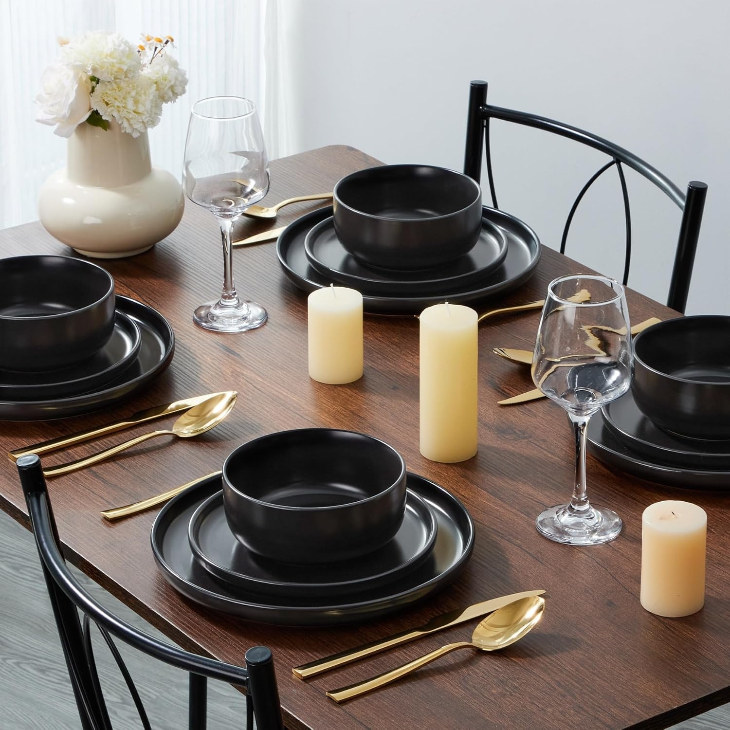 image:imageEfar 102 Stoneware Dinner Plates Set of 6 Large Modern Ceramic Dishes Round Salad Plate for Home Kitchen Restaurant Microwave amp Dishwasher Safe Matte BlackMatte Black