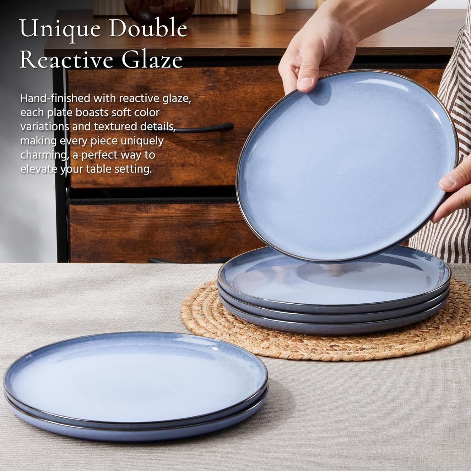 image:imageEfar 102 Stoneware Dinner Plates Set of 6 Large Modern Ceramic Dishes Round Salad Plate for Home Kitchen Restaurant Microwave amp Dishwasher Safe Matte BlackOcean Blue