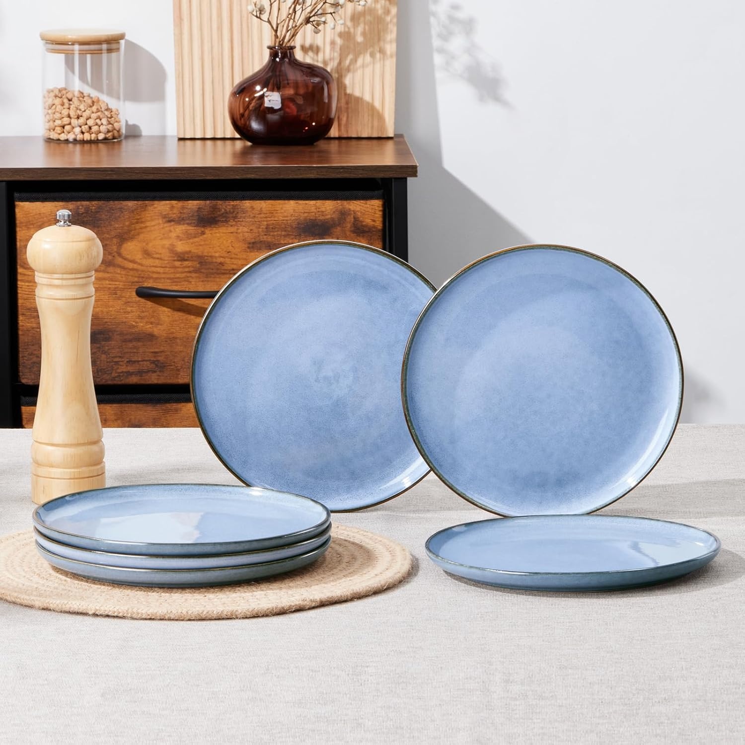 image:imageEfar 102 Stoneware Dinner Plates Set of 6 Large Modern Ceramic Dishes Round Salad Plate for Home Kitchen Restaurant Microwave amp Dishwasher Safe Matte BlackOcean Blue