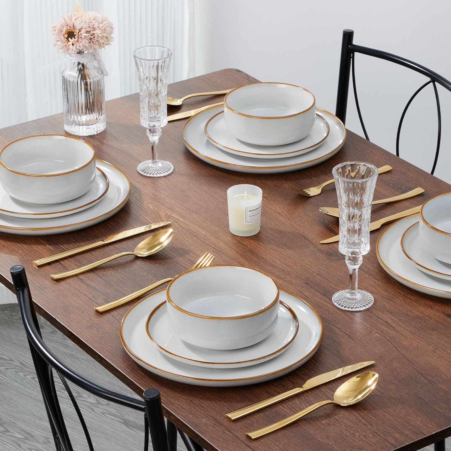 image:imageEfar 102 Stoneware Dinner Plates Set of 6 Large Modern Ceramic Dishes Round Salad Plate for Home Kitchen Restaurant Microwave amp Dishwasher Safe Matte BlackSeashell White