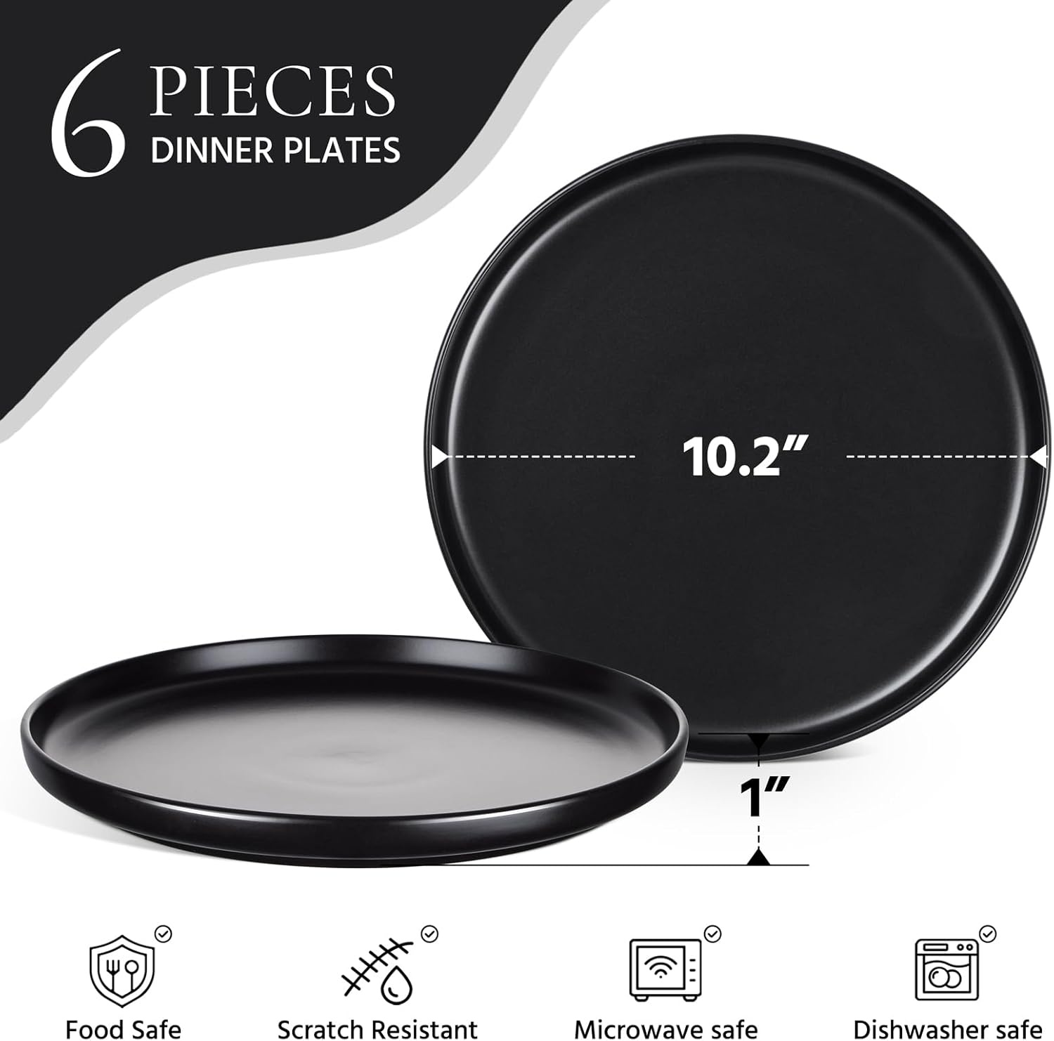 image:imageEfar 102 Stoneware Dinner Plates Set of 6 Large Modern Ceramic Dishes Round Salad Plate for Home Kitchen Restaurant Microwave amp Dishwasher Safe Matte BlackMatte Black