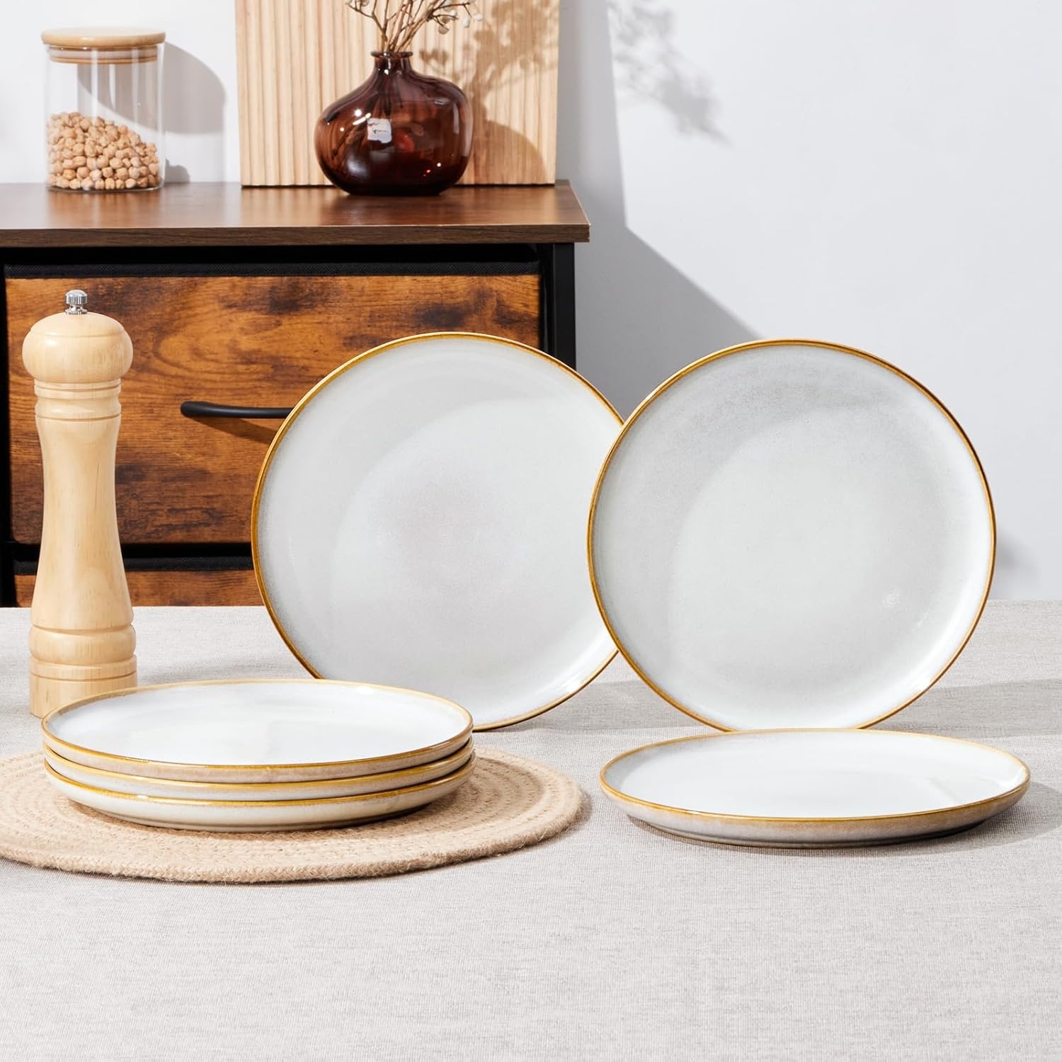 image:imageEfar 102 Stoneware Dinner Plates Set of 6 Large Modern Ceramic Dishes Round Salad Plate for Home Kitchen Restaurant Microwave amp Dishwasher Safe Matte BlackSeashell White