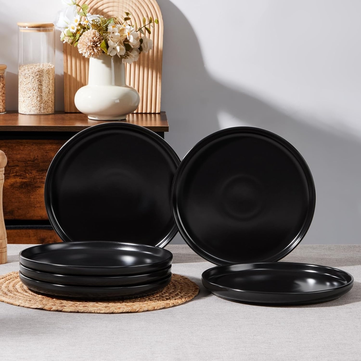 image:imageEfar 102 Stoneware Dinner Plates Set of 6 Large Modern Ceramic Dishes Round Salad Plate for Home Kitchen Restaurant Microwave amp Dishwasher Safe Matte BlackMatte Black