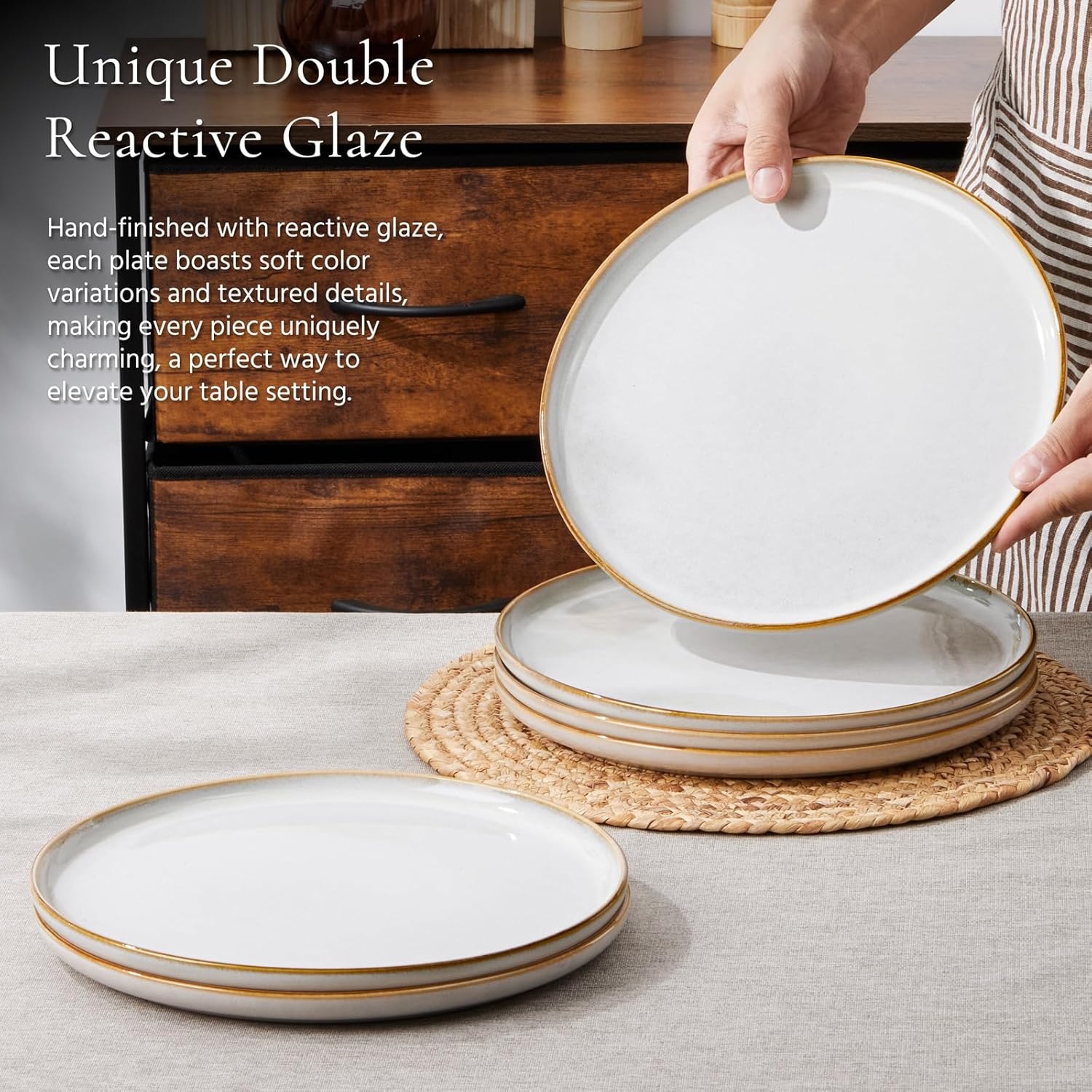 image:imageEfar 102 Stoneware Dinner Plates Set of 6 Large Modern Ceramic Dishes Round Salad Plate for Home Kitchen Restaurant Microwave amp Dishwasher Safe Matte BlackSeashell White