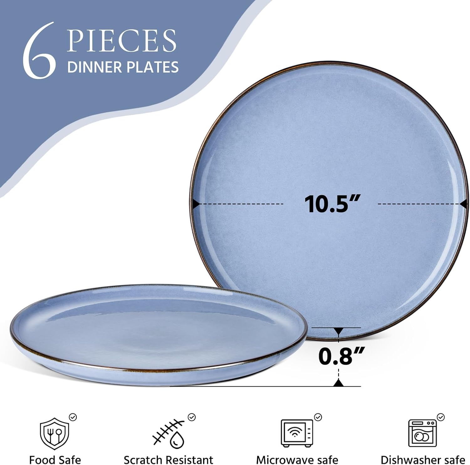 image:imageEfar 102 Stoneware Dinner Plates Set of 6 Large Modern Ceramic Dishes Round Salad Plate for Home Kitchen Restaurant Microwave amp Dishwasher Safe Matte BlackOcean Blue