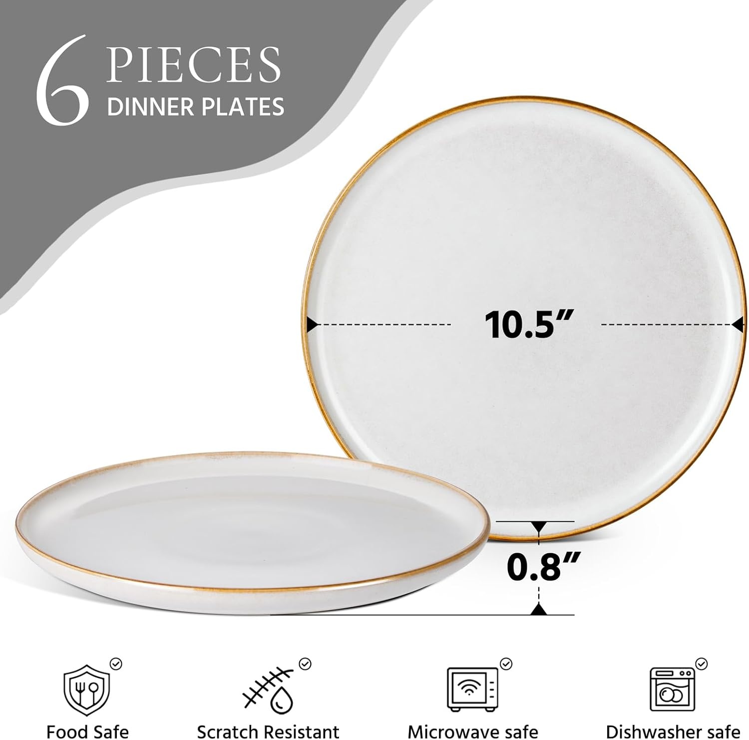 image:imageEfar 102 Stoneware Dinner Plates Set of 6 Large Modern Ceramic Dishes Round Salad Plate for Home Kitchen Restaurant Microwave amp Dishwasher Safe Matte BlackSeashell White