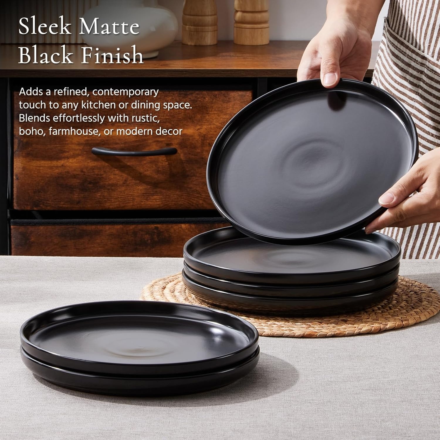 image:imageEfar 102 Stoneware Dinner Plates Set of 6 Large Modern Ceramic Dishes Round Salad Plate for Home Kitchen Restaurant Microwave amp Dishwasher Safe Matte BlackMatte Black