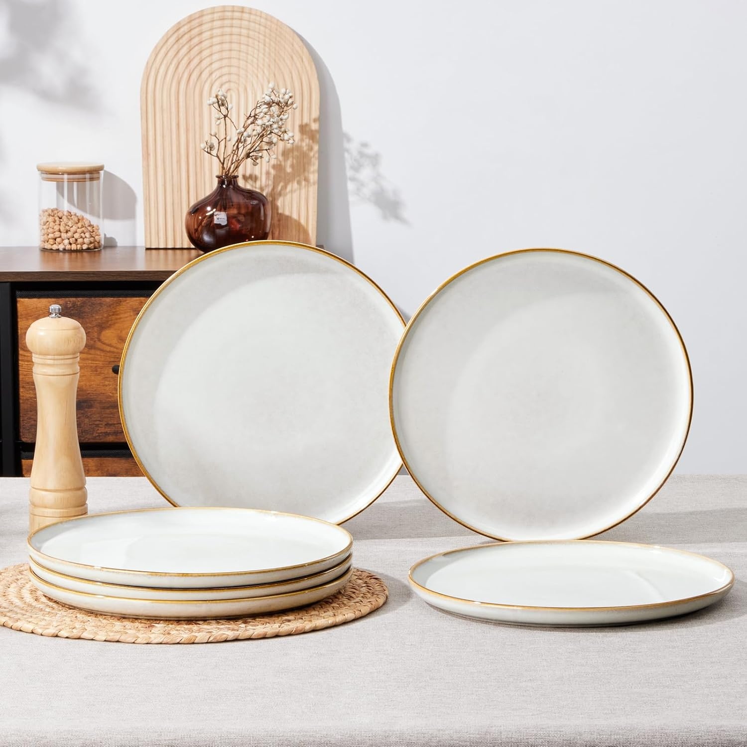 image:imageEfar 102 Stoneware Dinner Plates Set of 6 Large Modern Ceramic Dishes Round Salad Plate for Home Kitchen Restaurant Microwave amp Dishwasher Safe Matte BlackSeashell White