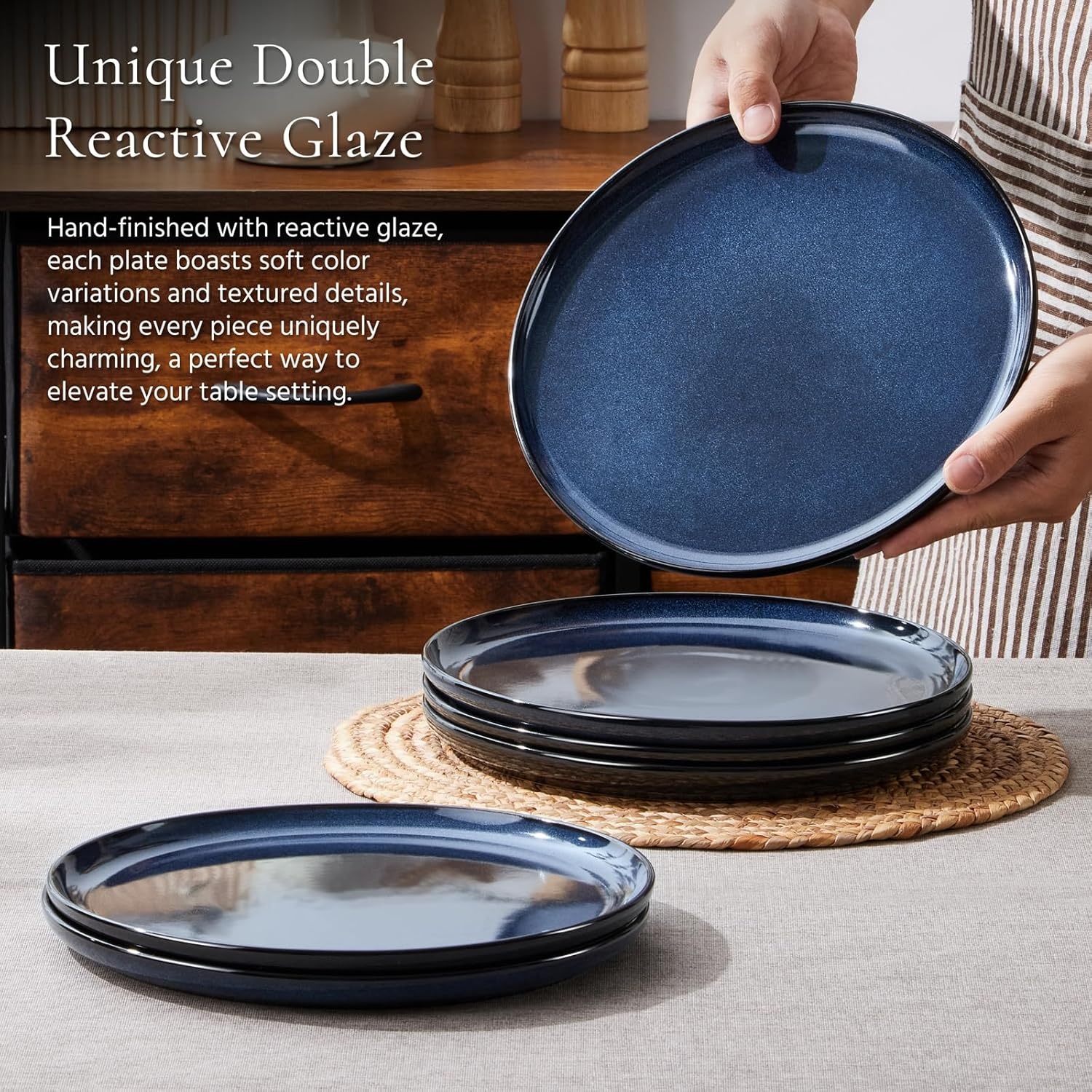 image:imageEfar 102 Stoneware Dinner Plates Set of 6 Large Modern Ceramic Dishes Round Salad Plate for Home Kitchen Restaurant Microwave amp Dishwasher Safe Matte BlackDeep Sea Blue