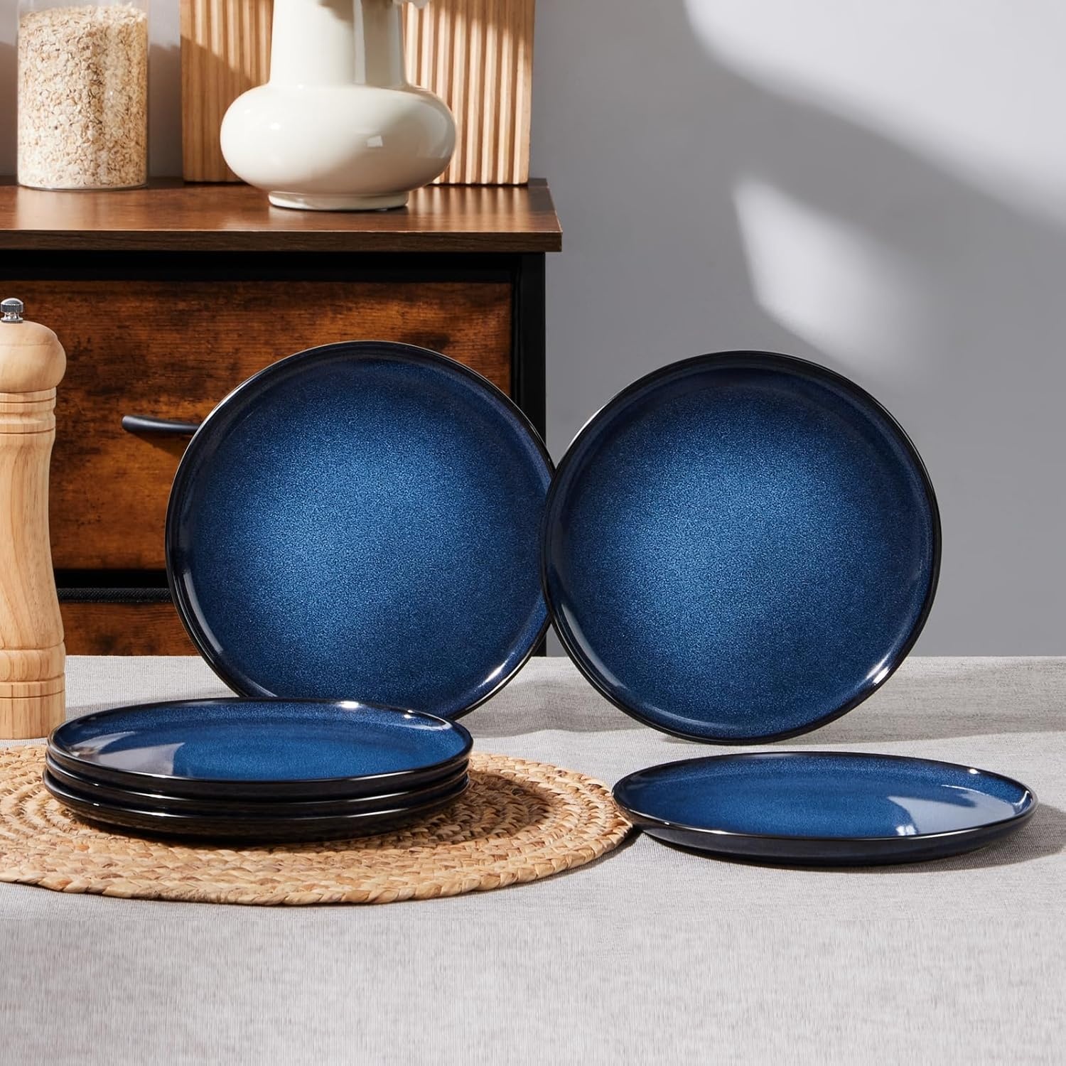 image:imageEfar 102 Stoneware Dinner Plates Set of 6 Large Modern Ceramic Dishes Round Salad Plate for Home Kitchen Restaurant Microwave amp Dishwasher Safe Matte BlackDeep Sea Blue