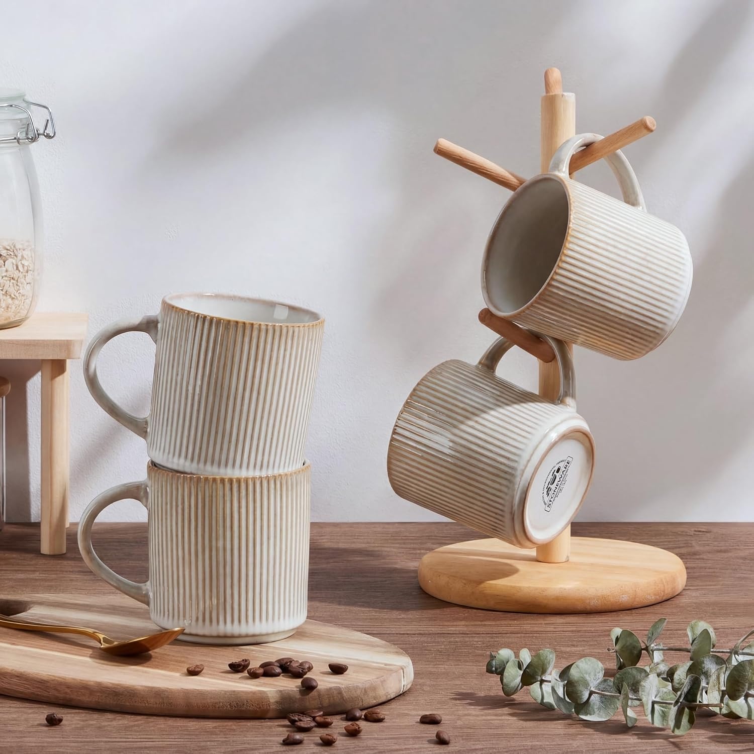 image:imageEfar 12 oz Coffee Mugs Set of 6 Stoneware Coffee Cups with Handle for Man Woman Modern Ribbed Ceramic Tea Mugs for Latte Cocoa Milk Microwave amp Dishwasher Safe Speckled WhiteCreamy Beige