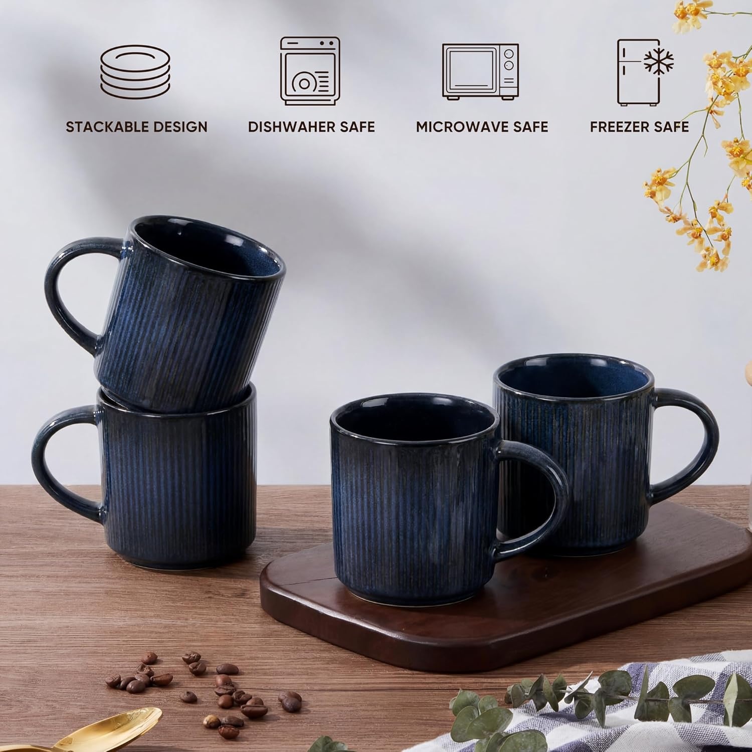 image:imageEfar 12 oz Coffee Mugs Set of 6 Stoneware Coffee Cups with Handle for Man Woman Modern Ribbed Ceramic Tea Mugs for Latte Cocoa Milk Microwave amp Dishwasher Safe Speckled WhiteMidnight Blue