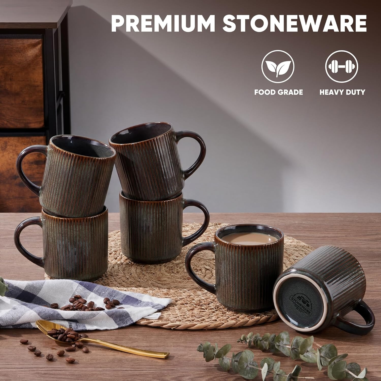 image:imageEfar 12 oz Coffee Mugs Set of 6 Stoneware Coffee Cups with Handle for Man Woman Modern Ribbed Ceramic Tea Mugs for Latte Cocoa Milk Microwave amp Dishwasher Safe Speckled WhiteBlackish Green
