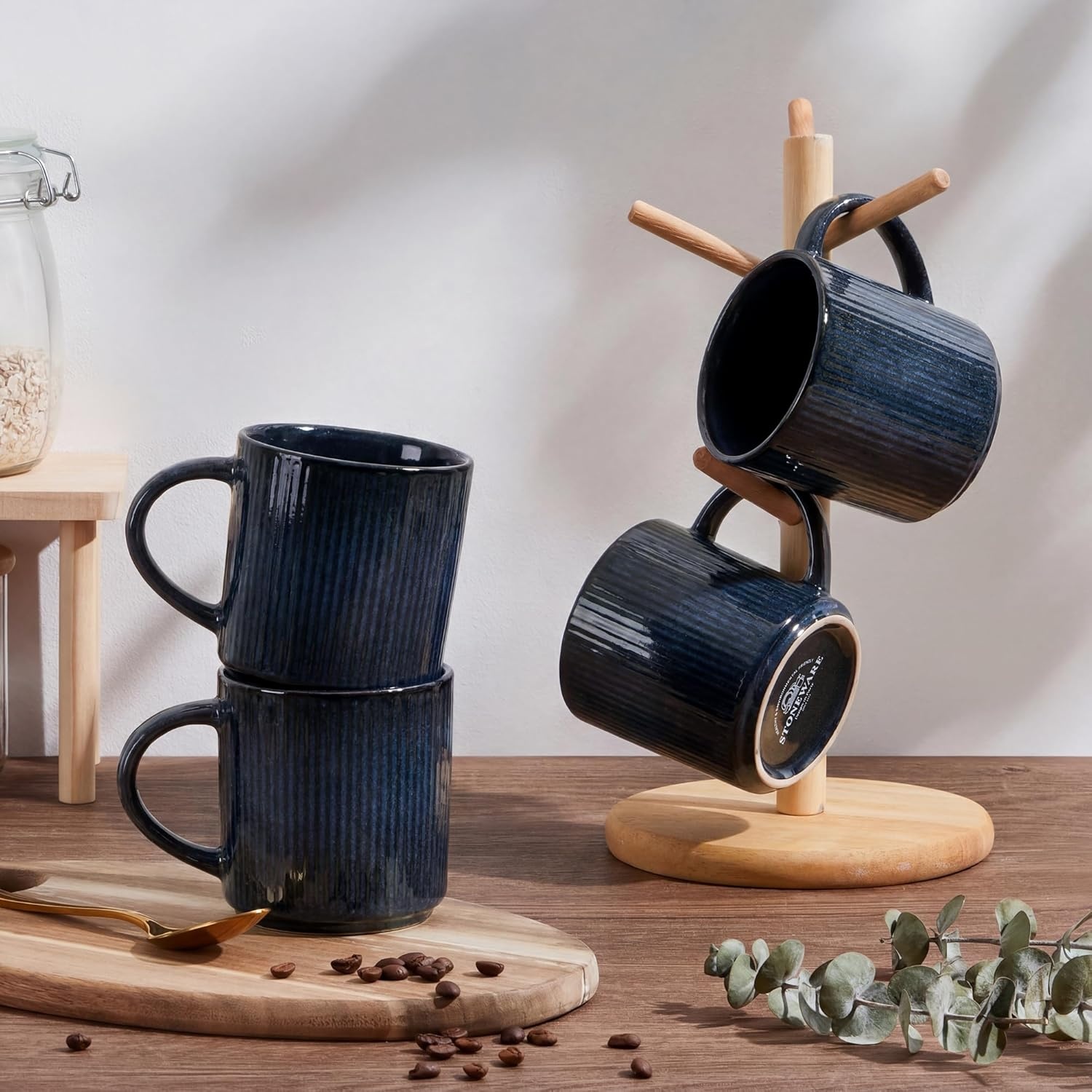 image:imageEfar 12 oz Coffee Mugs Set of 6 Stoneware Coffee Cups with Handle for Man Woman Modern Ribbed Ceramic Tea Mugs for Latte Cocoa Milk Microwave amp Dishwasher Safe Speckled WhiteMidnight Blue