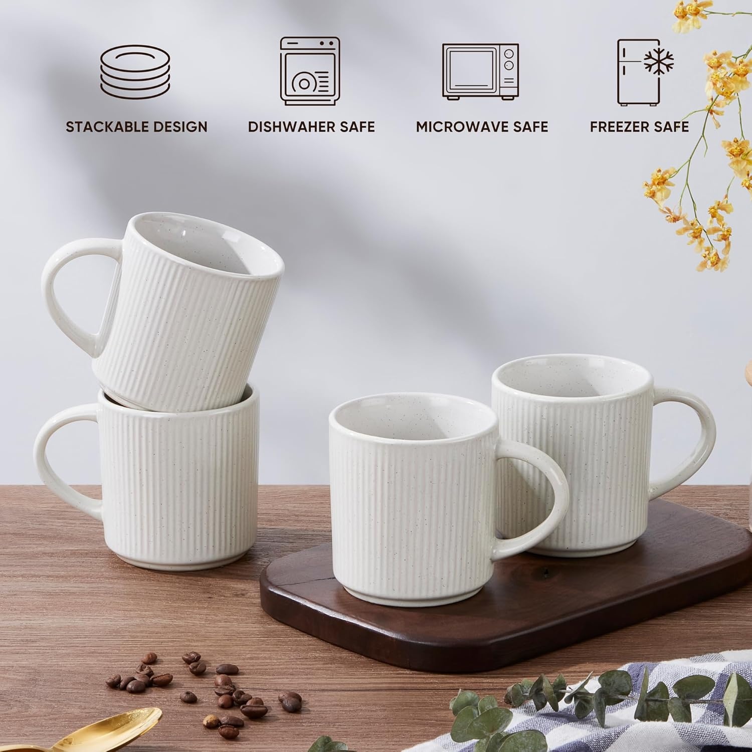 image:imageEfar 12 oz Coffee Mugs Set of 6 Stoneware Coffee Cups with Handle for Man Woman Modern Ribbed Ceramic Tea Mugs for Latte Cocoa Milk Microwave amp Dishwasher Safe Speckled WhiteSpeckled White