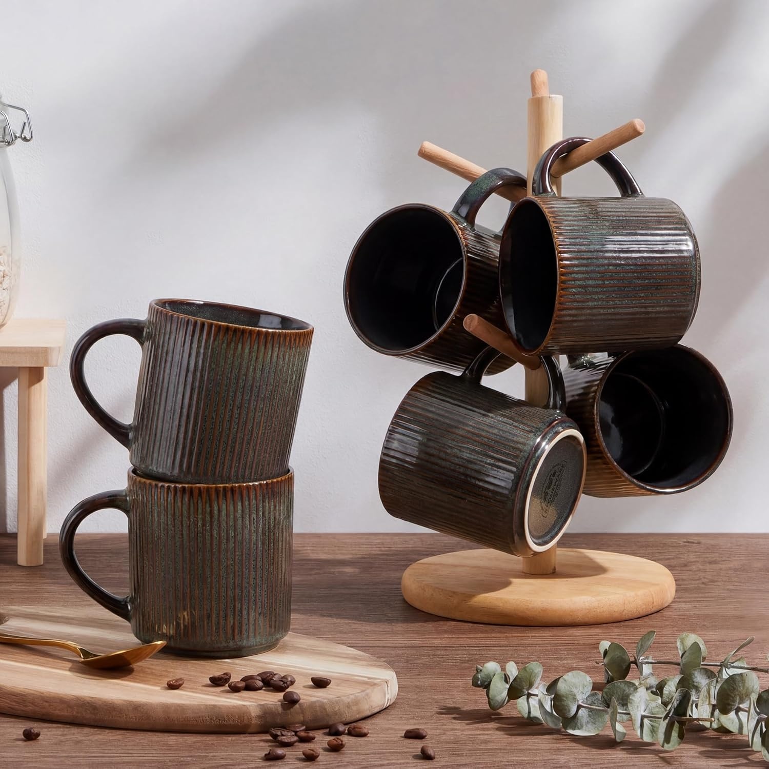 image:imageEfar 12 oz Coffee Mugs Set of 6 Stoneware Coffee Cups with Handle for Man Woman Modern Ribbed Ceramic Tea Mugs for Latte Cocoa Milk Microwave amp Dishwasher Safe Speckled WhiteBlackish Green