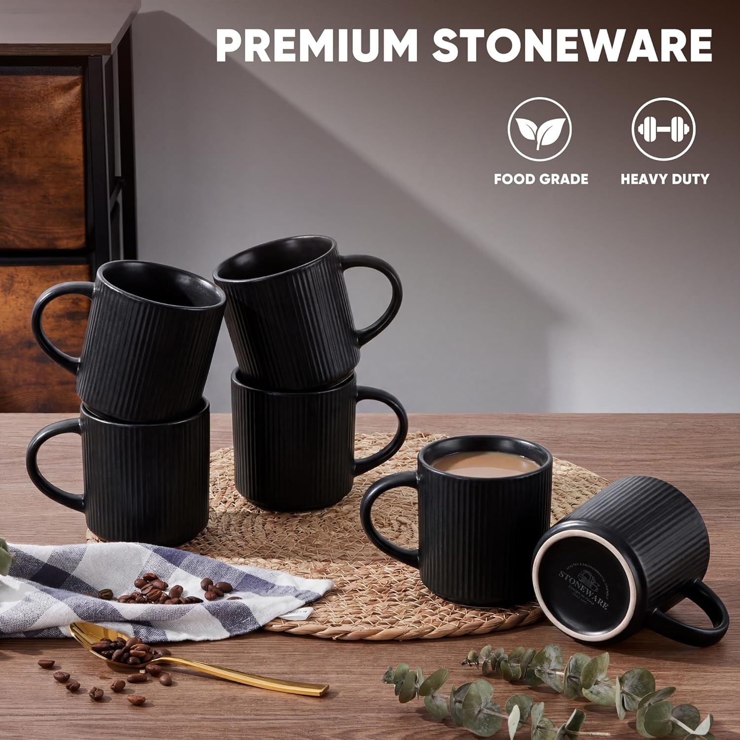 image:imageEfar 12 oz Coffee Mugs Set of 6 Stoneware Coffee Cups with Handle for Man Woman Modern Ribbed Ceramic Tea Mugs for Latte Cocoa Milk Microwave amp Dishwasher Safe Speckled WhiteMatte Black