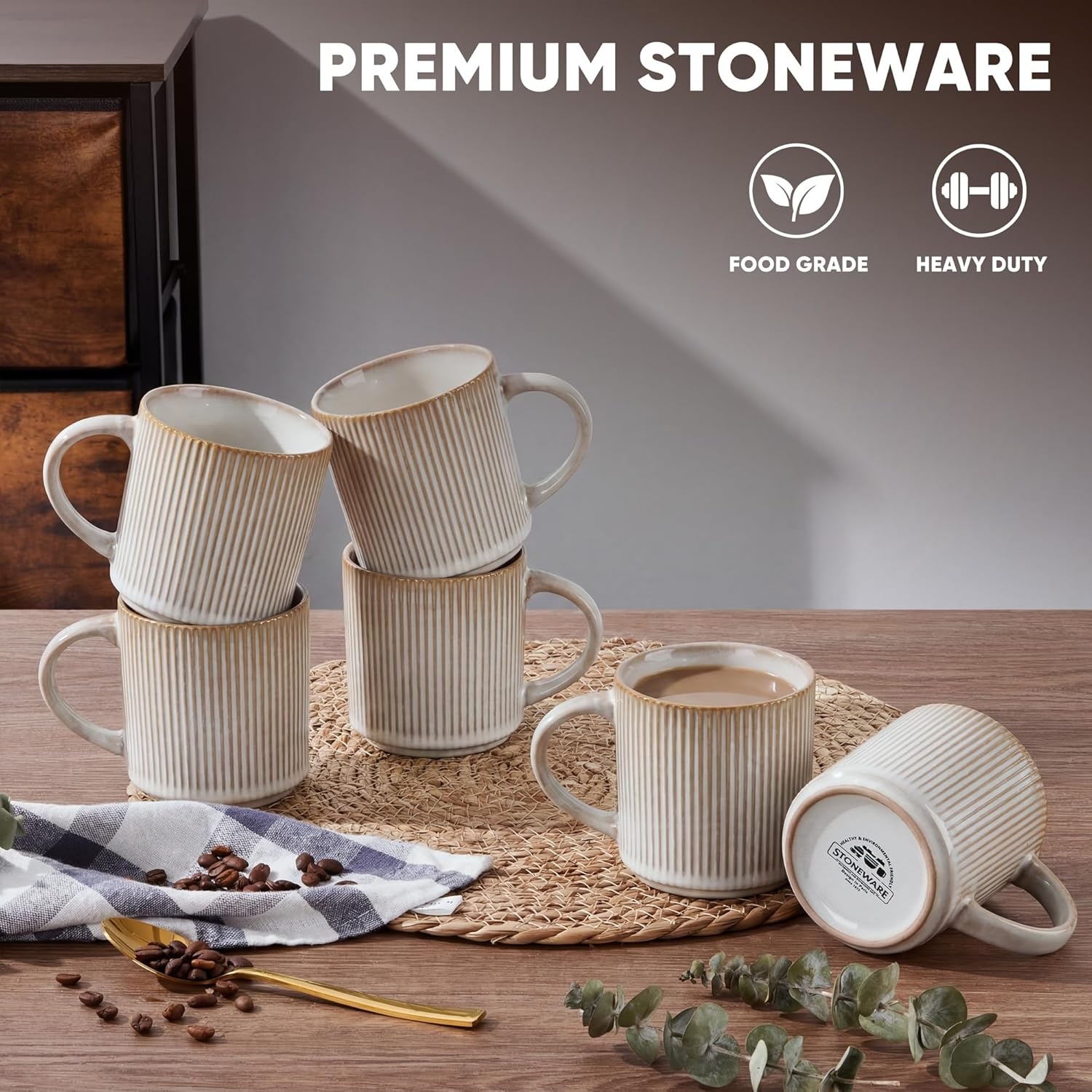 image:imageEfar 12 oz Coffee Mugs Set of 6 Stoneware Coffee Cups with Handle for Man Woman Modern Ribbed Ceramic Tea Mugs for Latte Cocoa Milk Microwave amp Dishwasher Safe Speckled WhiteCreamy Beige