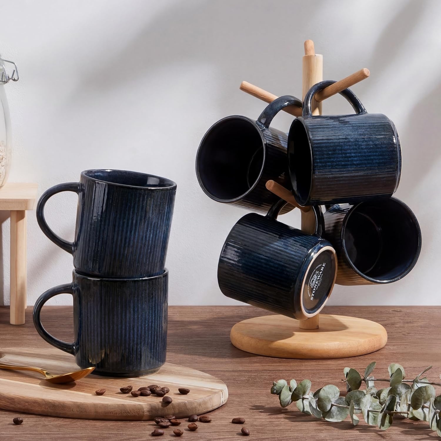 image:imageEfar 12 oz Coffee Mugs Set of 6 Stoneware Coffee Cups with Handle for Man Woman Modern Ribbed Ceramic Tea Mugs for Latte Cocoa Milk Microwave amp Dishwasher Safe Speckled WhiteMidnight Blue