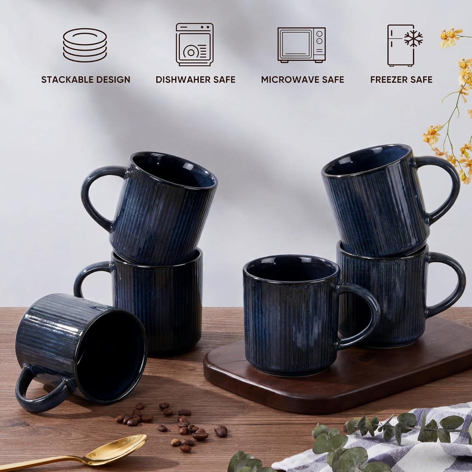 image:imageEfar 12 oz Coffee Mugs Set of 6 Stoneware Coffee Cups with Handle for Man Woman Modern Ribbed Ceramic Tea Mugs for Latte Cocoa Milk Microwave amp Dishwasher Safe Speckled WhiteMidnight Blue