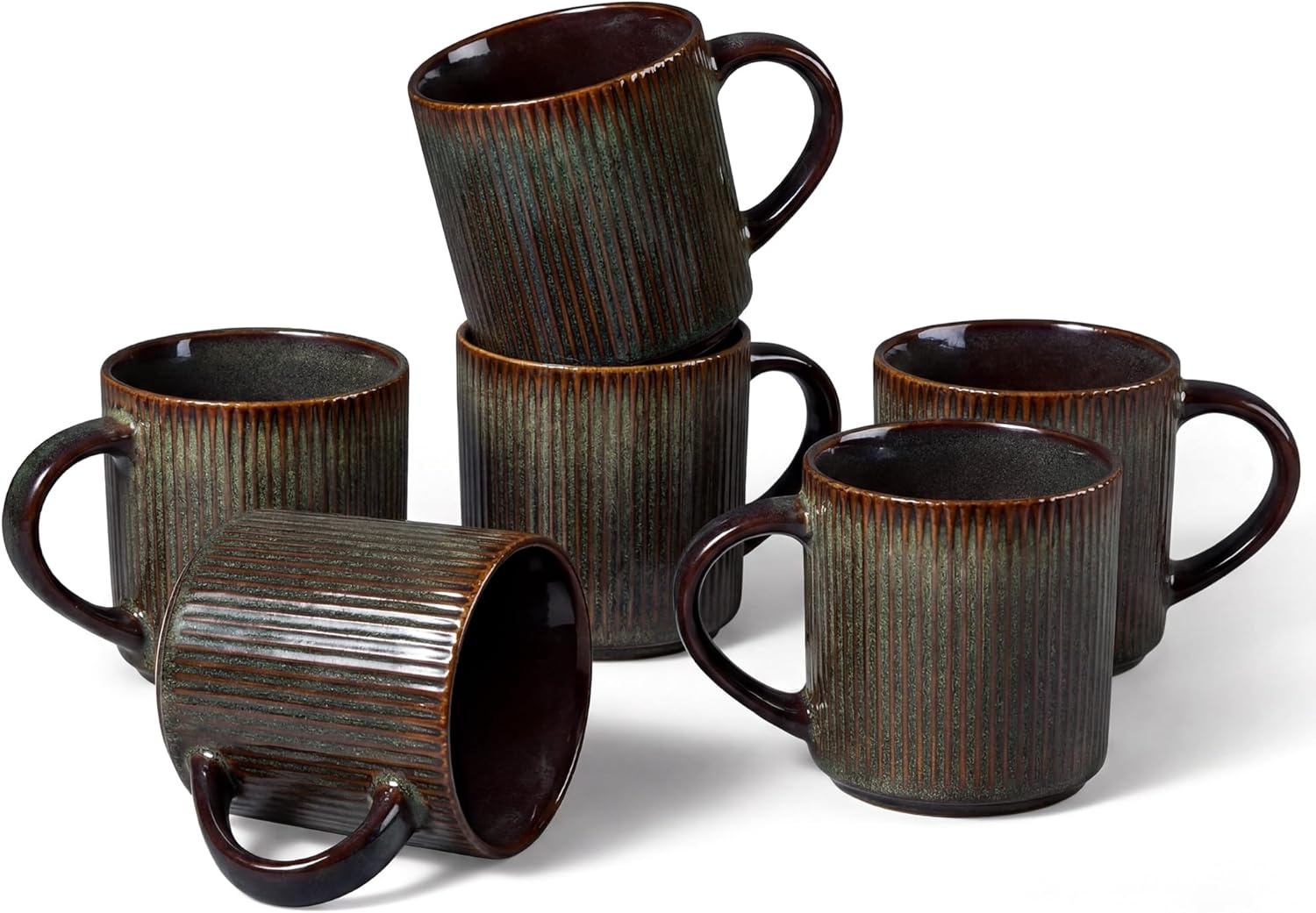 image:imageEfar 12 oz Coffee Mugs Set of 6 Stoneware Coffee Cups with Handle for Man Woman Modern Ribbed Ceramic Tea Mugs for Latte Cocoa Milk Microwave amp Dishwasher Safe Speckled WhiteBlackish Green