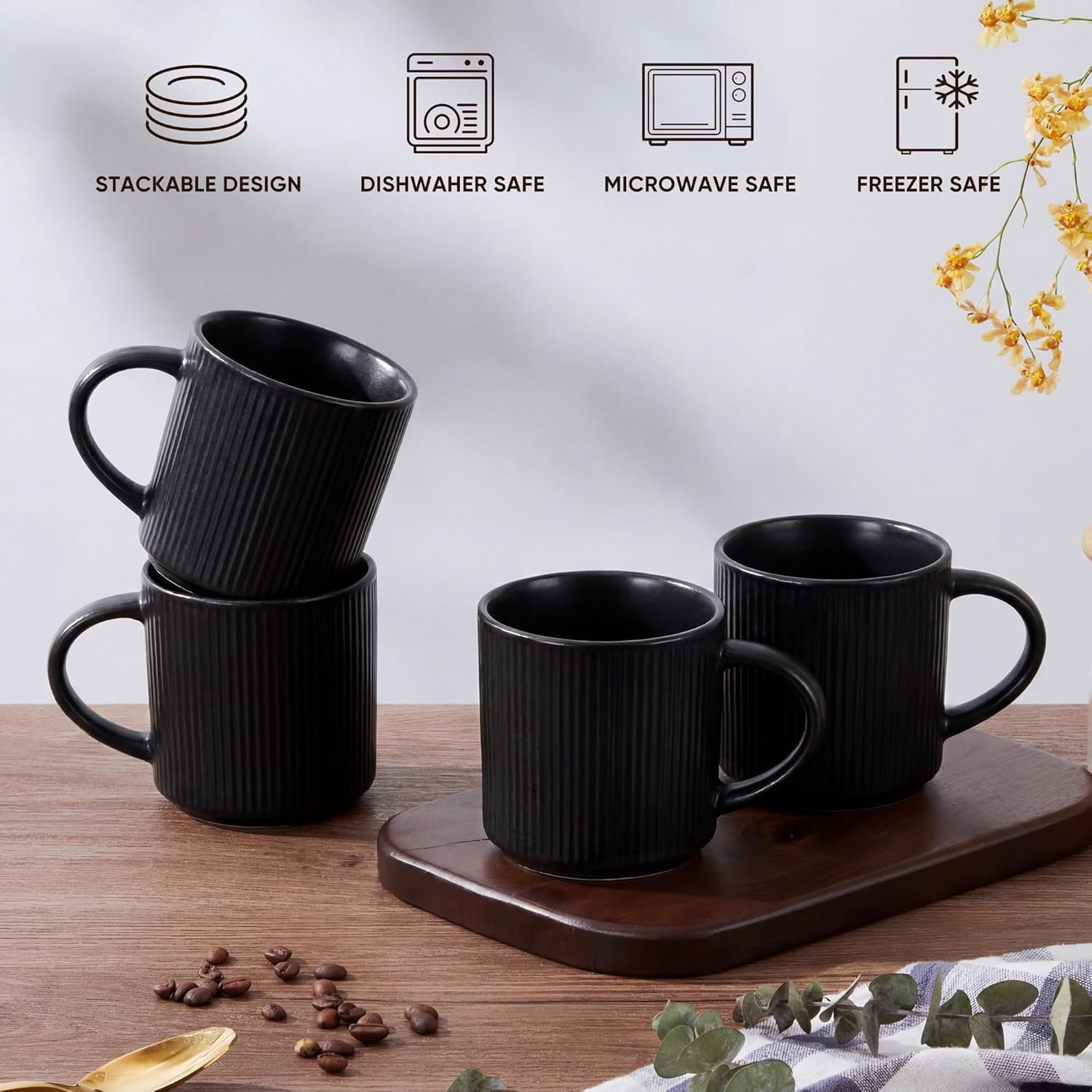 image:imageEfar 12 oz Coffee Mugs Set of 6 Stoneware Coffee Cups with Handle for Man Woman Modern Ribbed Ceramic Tea Mugs for Latte Cocoa Milk Microwave amp Dishwasher Safe Speckled WhiteMatte Black