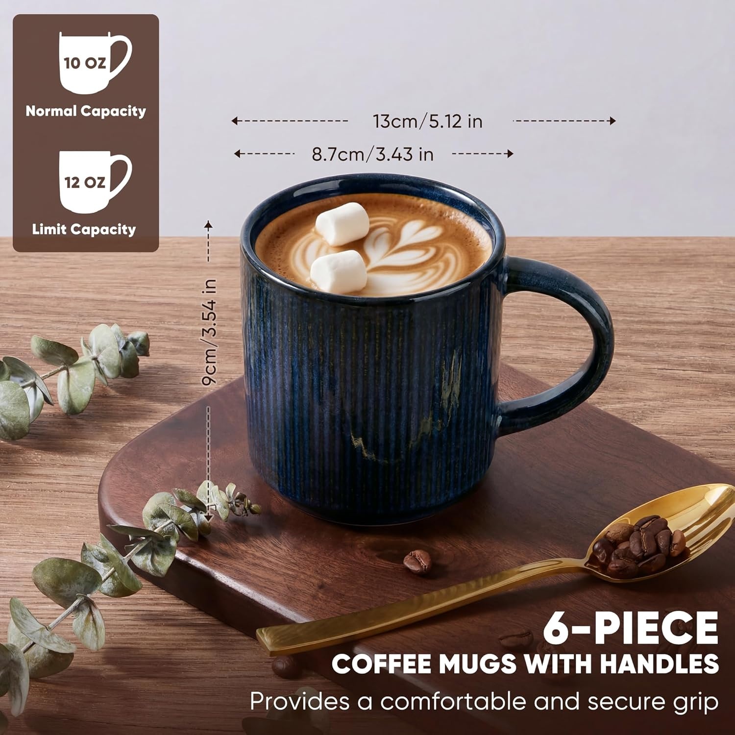 image:imageEfar 12 oz Coffee Mugs Set of 6 Stoneware Coffee Cups with Handle for Man Woman Modern Ribbed Ceramic Tea Mugs for Latte Cocoa Milk Microwave amp Dishwasher Safe Speckled WhiteMidnight Blue