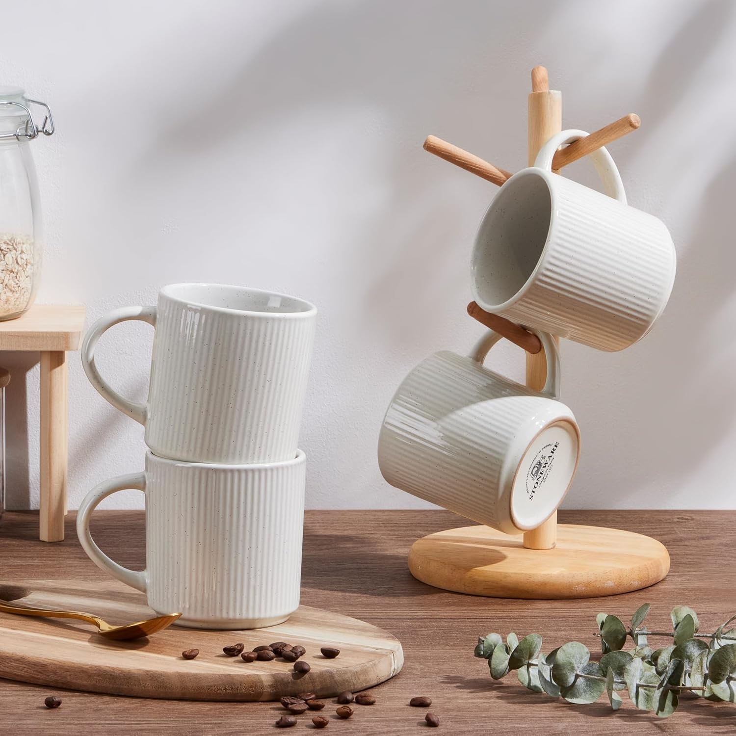 image:imageEfar 12 oz Coffee Mugs Set of 6 Stoneware Coffee Cups with Handle for Man Woman Modern Ribbed Ceramic Tea Mugs for Latte Cocoa Milk Microwave amp Dishwasher Safe Speckled WhiteSpeckled White