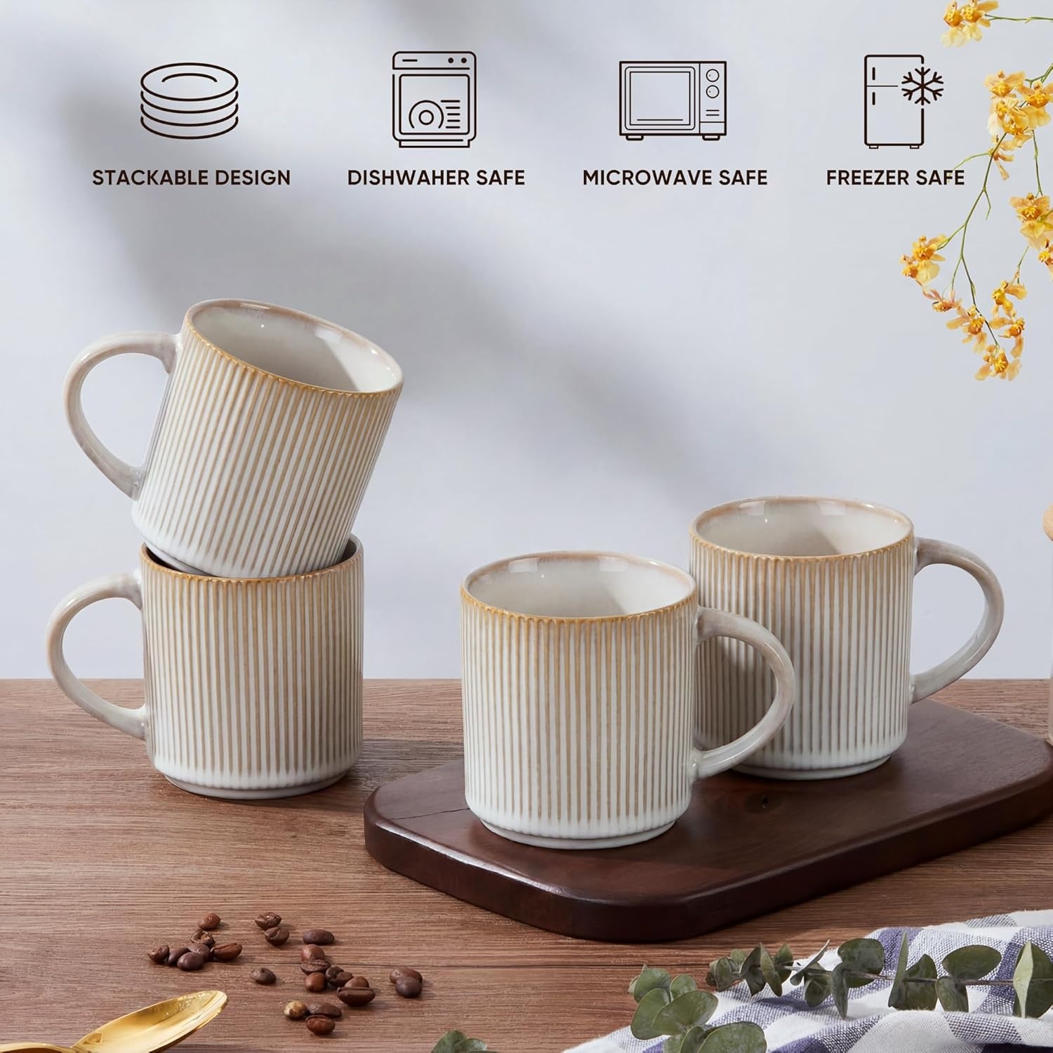image:imageEfar 12 oz Coffee Mugs Set of 6 Stoneware Coffee Cups with Handle for Man Woman Modern Ribbed Ceramic Tea Mugs for Latte Cocoa Milk Microwave amp Dishwasher Safe Speckled WhiteCreamy Beige
