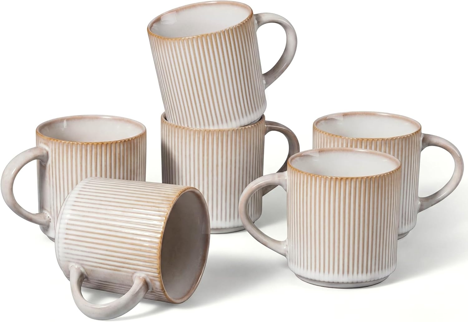 image:imageEfar 12 oz Coffee Mugs Set of 6 Stoneware Coffee Cups with Handle for Man Woman Modern Ribbed Ceramic Tea Mugs for Latte Cocoa Milk Microwave amp Dishwasher Safe Speckled WhiteCreamy Beige