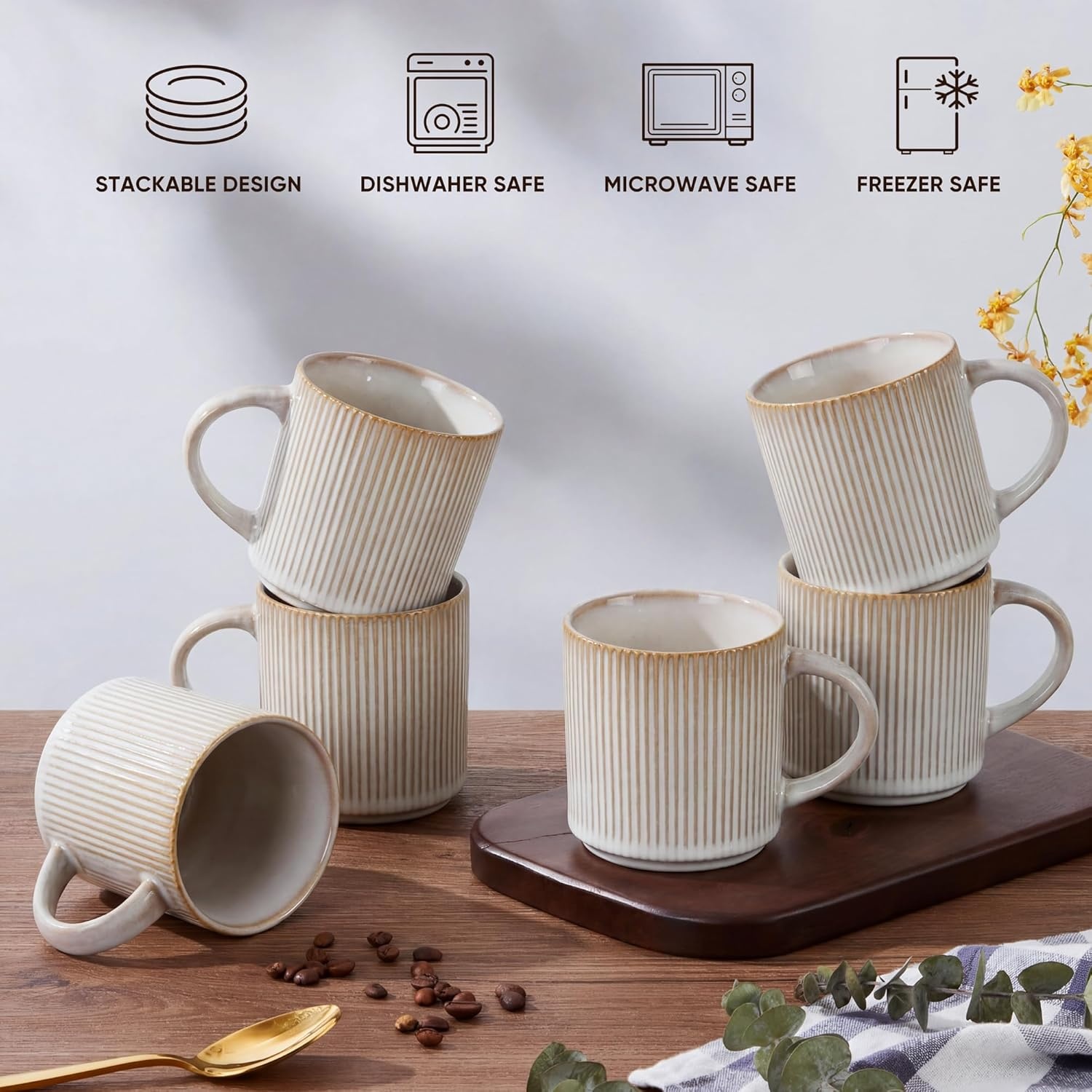 image:imageEfar 12 oz Coffee Mugs Set of 6 Stoneware Coffee Cups with Handle for Man Woman Modern Ribbed Ceramic Tea Mugs for Latte Cocoa Milk Microwave amp Dishwasher Safe Speckled WhiteCreamy Beige