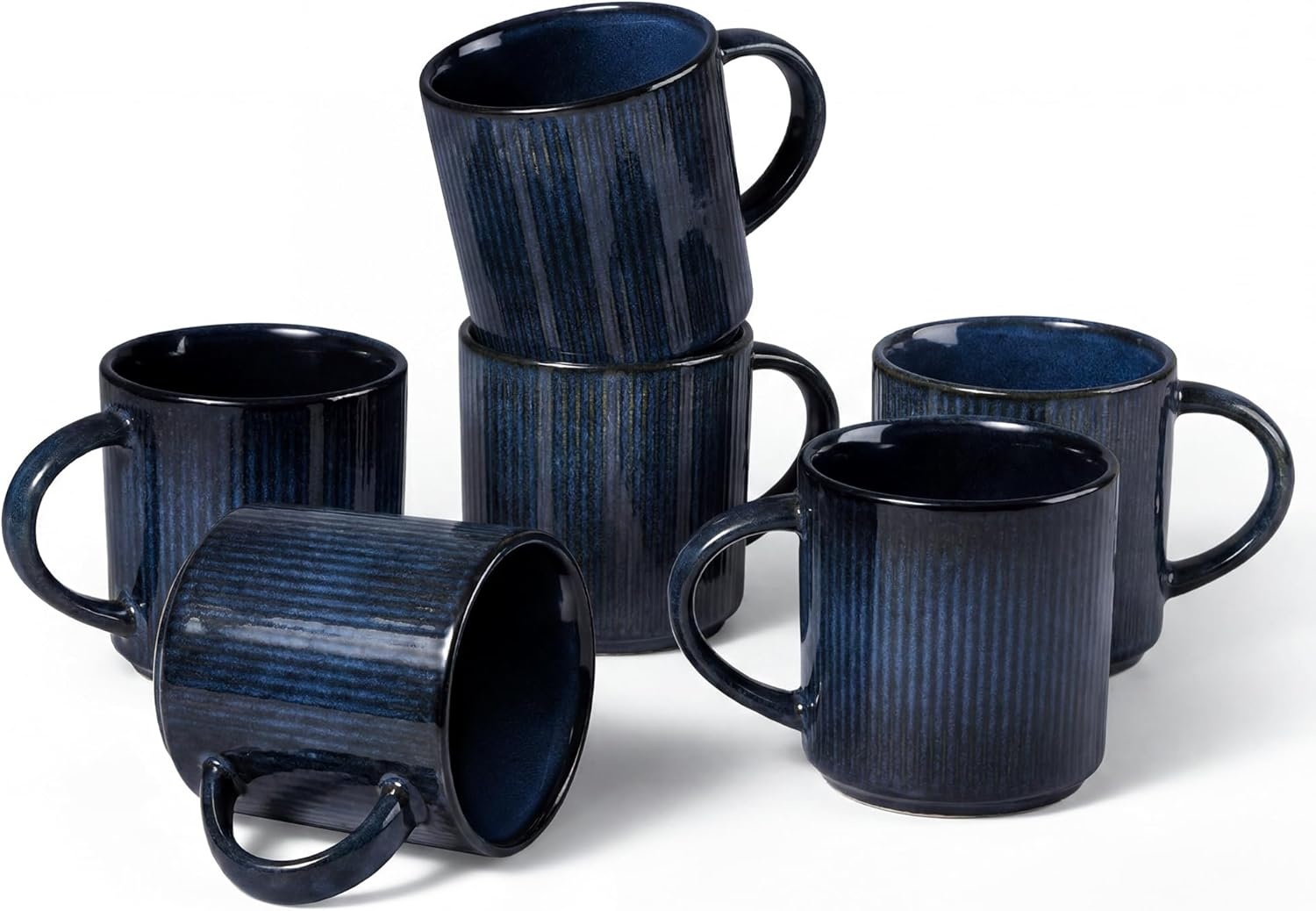 image:imageEfar 12 oz Coffee Mugs Set of 6 Stoneware Coffee Cups with Handle for Man Woman Modern Ribbed Ceramic Tea Mugs for Latte Cocoa Milk Microwave amp Dishwasher Safe Speckled WhiteMidnight Blue
