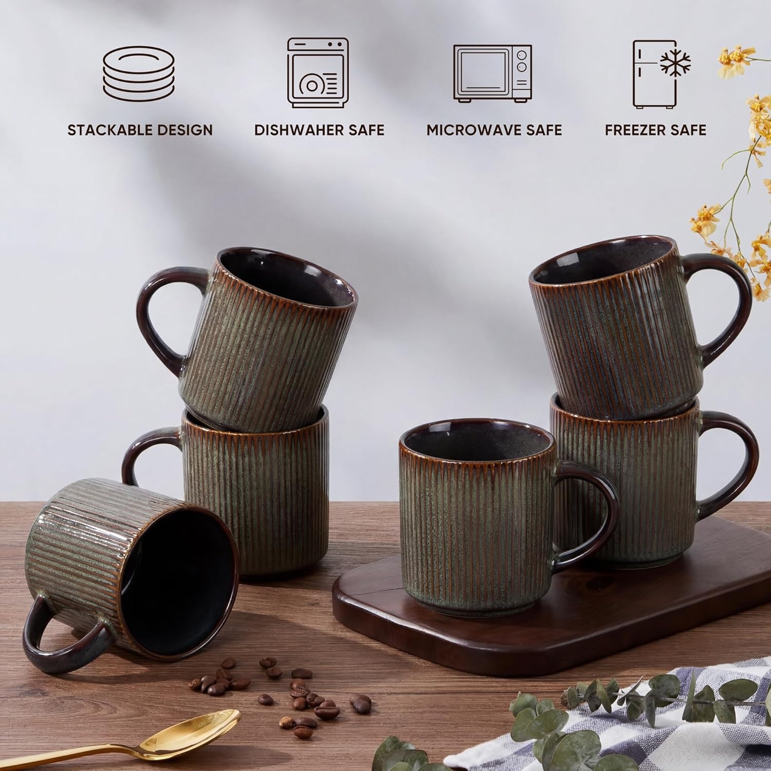 image:imageEfar 12 oz Coffee Mugs Set of 6 Stoneware Coffee Cups with Handle for Man Woman Modern Ribbed Ceramic Tea Mugs for Latte Cocoa Milk Microwave amp Dishwasher Safe Speckled WhiteBlackish Green