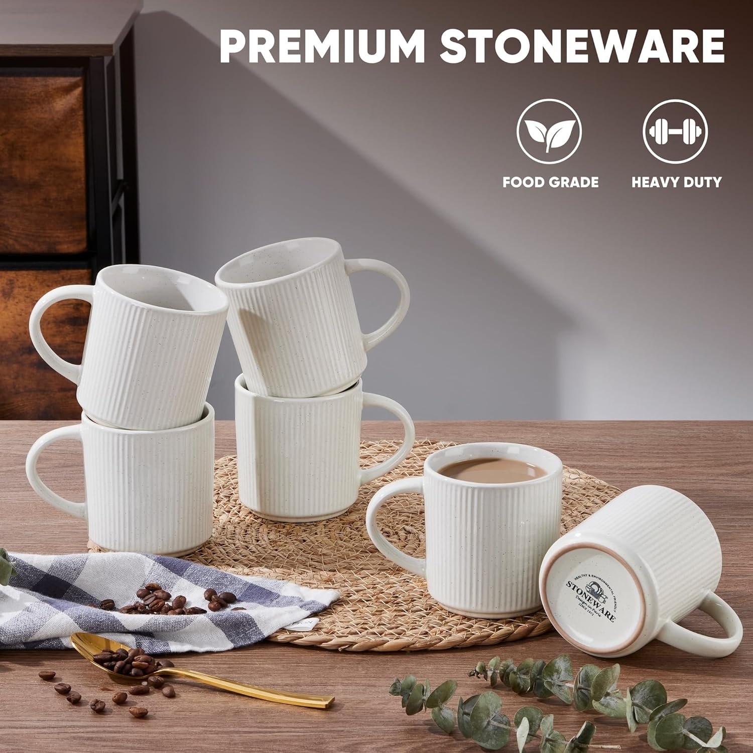 image:imageEfar 12 oz Coffee Mugs Set of 6 Stoneware Coffee Cups with Handle for Man Woman Modern Ribbed Ceramic Tea Mugs for Latte Cocoa Milk Microwave amp Dishwasher Safe Speckled WhiteSpeckled White