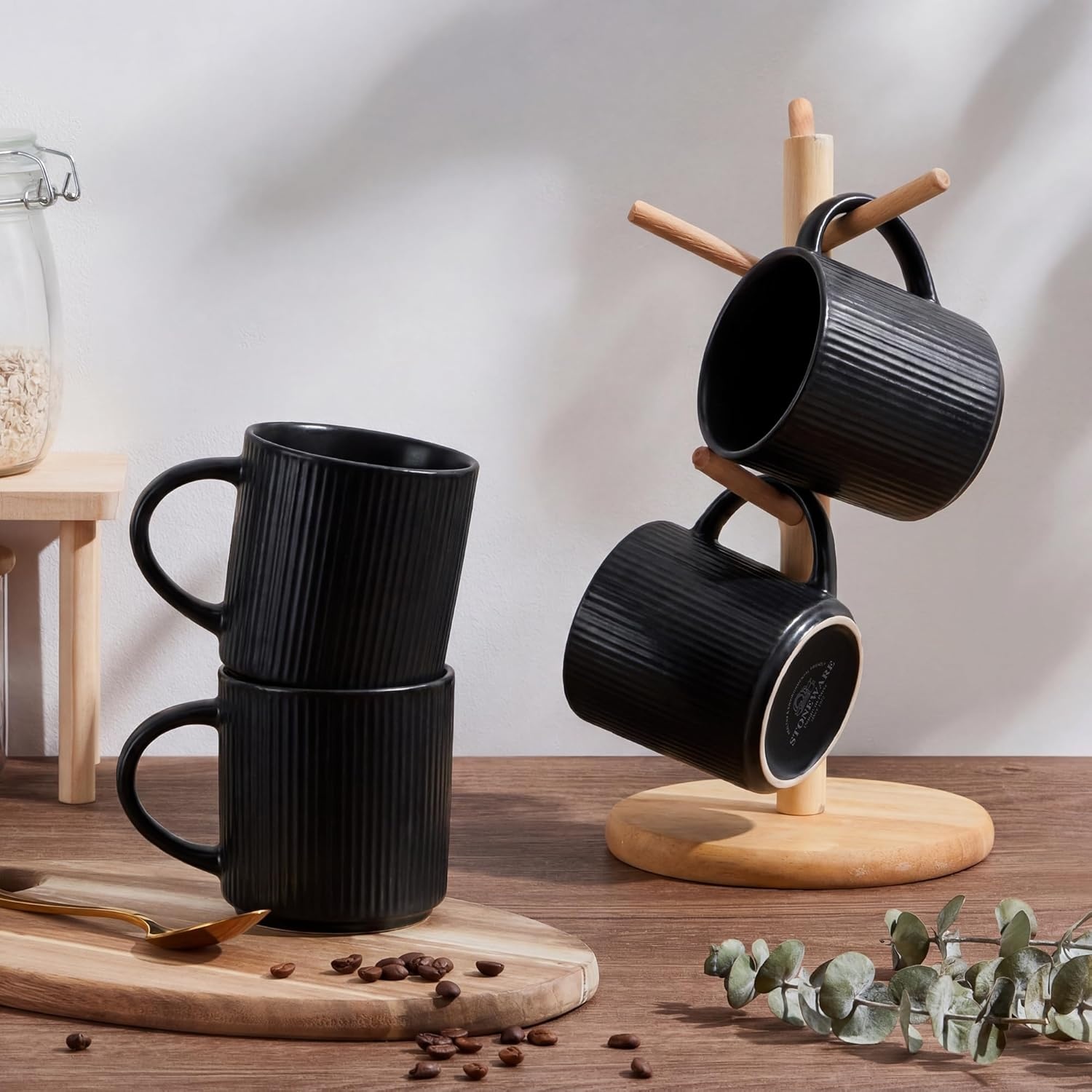 image:imageEfar 12 oz Coffee Mugs Set of 6 Stoneware Coffee Cups with Handle for Man Woman Modern Ribbed Ceramic Tea Mugs for Latte Cocoa Milk Microwave amp Dishwasher Safe Speckled WhiteMatte Black