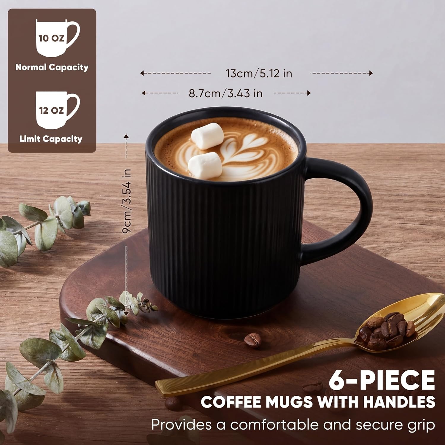 image:imageEfar 12 oz Coffee Mugs Set of 6 Stoneware Coffee Cups with Handle for Man Woman Modern Ribbed Ceramic Tea Mugs for Latte Cocoa Milk Microwave amp Dishwasher Safe Speckled WhiteMatte Black