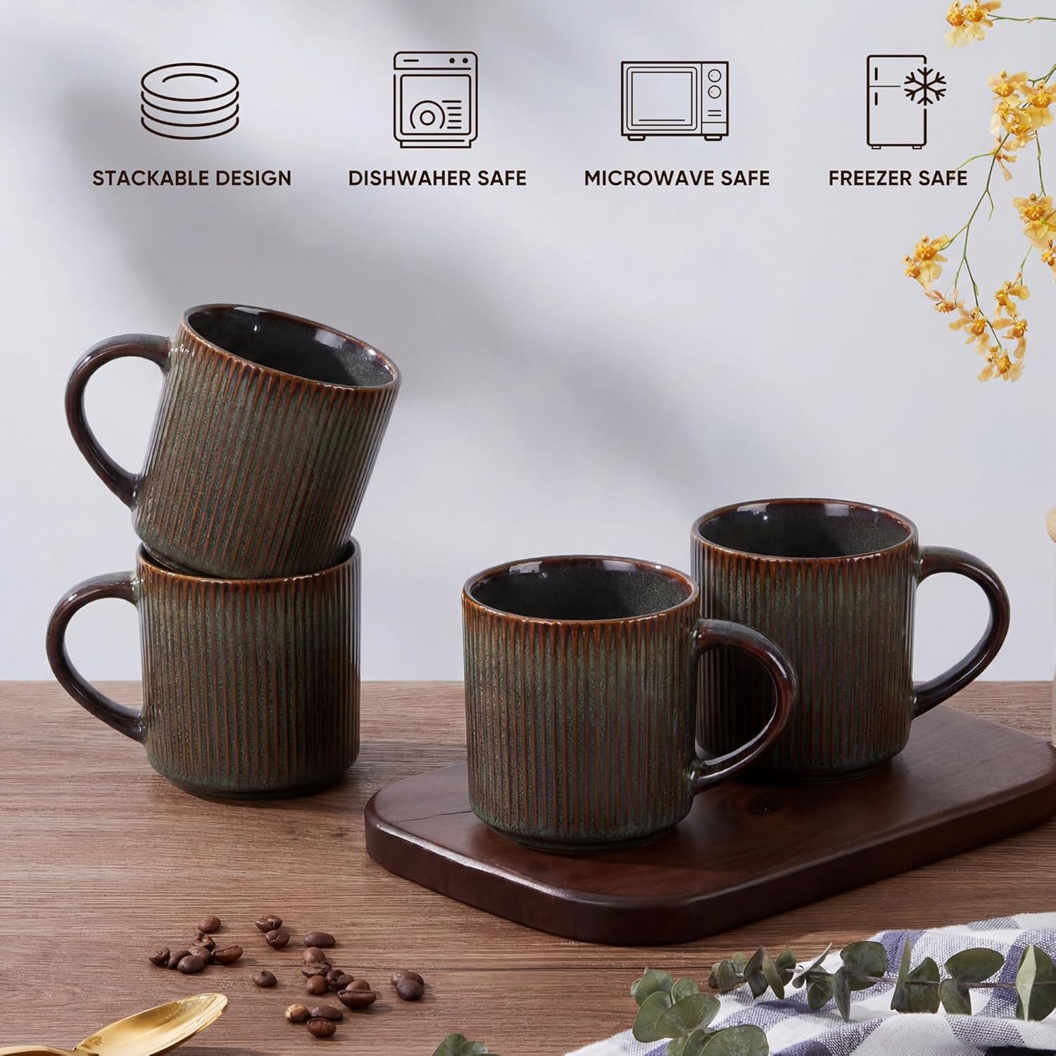 image:imageEfar 12 oz Coffee Mugs Set of 6 Stoneware Coffee Cups with Handle for Man Woman Modern Ribbed Ceramic Tea Mugs for Latte Cocoa Milk Microwave amp Dishwasher Safe Speckled WhiteBlackish Green