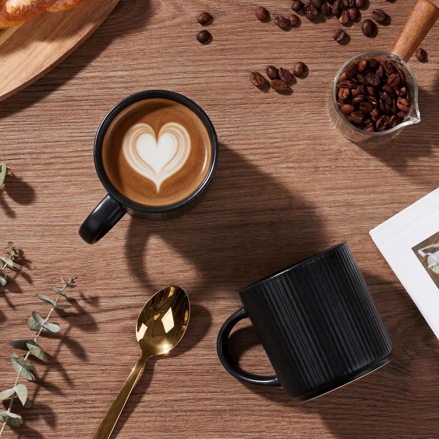 image:imageEfar 12 oz Coffee Mugs Set of 6 Stoneware Coffee Cups with Handle for Man Woman Modern Ribbed Ceramic Tea Mugs for Latte Cocoa Milk Microwave amp Dishwasher Safe Speckled WhiteMatte Black